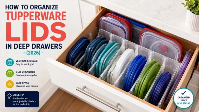 How to organize Tupperware lids in deep drawers: lids standing upright in drawer dividers with nested containers beside them.