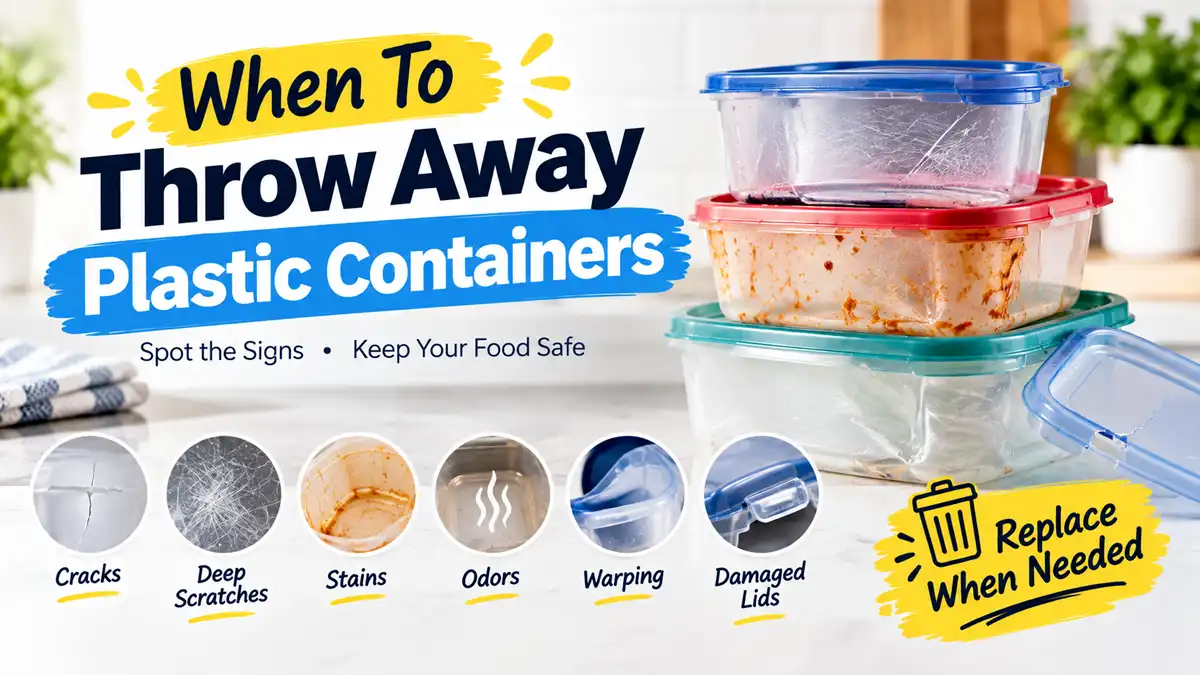 When to throw away plastic containers showing cracks, deep scratches, stains, odors, warping, and damaged lids